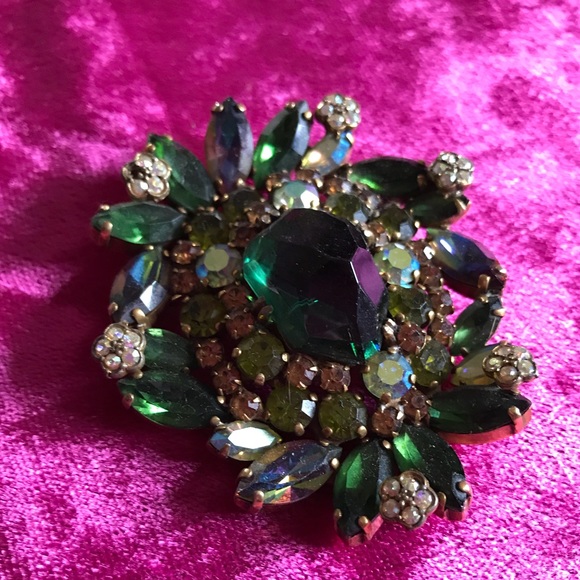 Antique brooch green tone bling